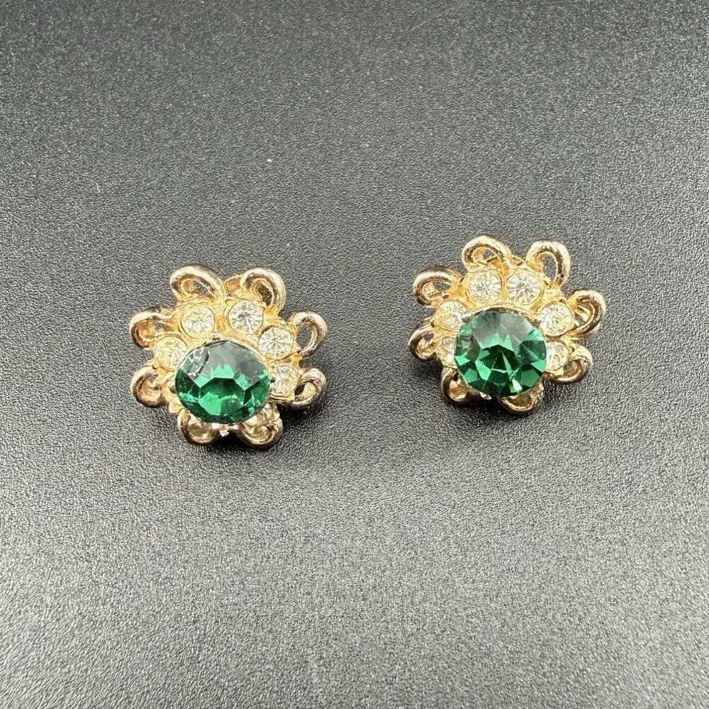 Vintage Signed Coro Green Rhinestone Floral Screw Back Earrings Gold Tone 1940s